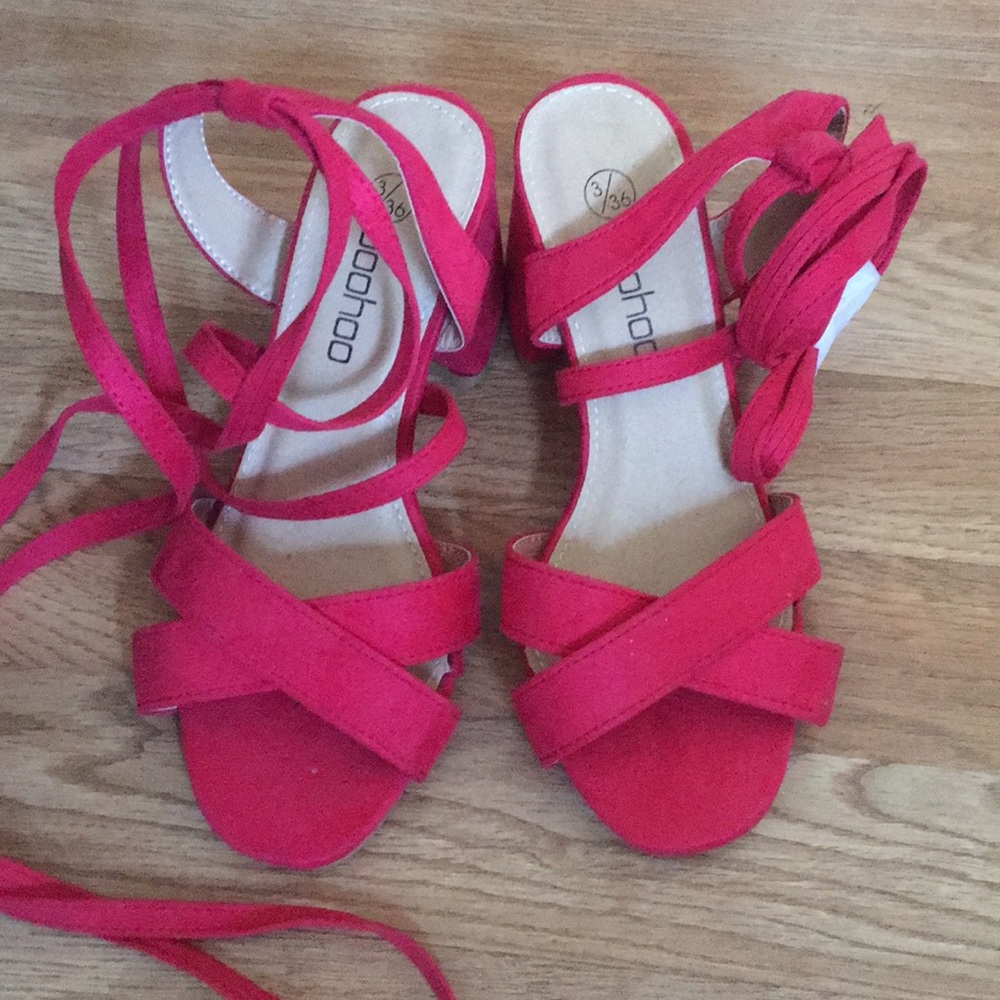 Red lace up sandals with chunky heel